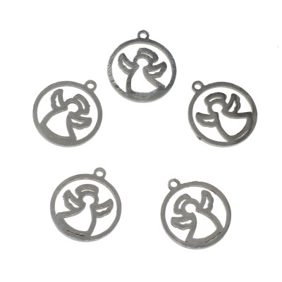 Angel pendant in a wheel in two color combinations, surgical steel