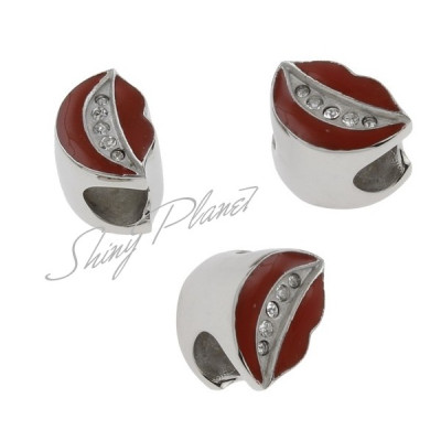 Bead of red enamel lips with chaton in the middle, surgical steel