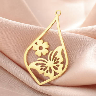 Pendant drop with butterfly and flower surgical steel two colour variants