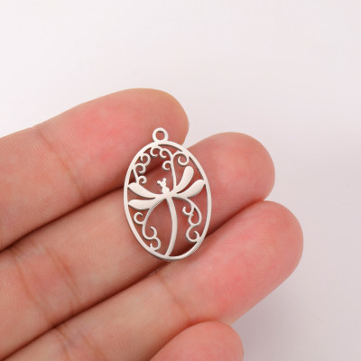 Pendant oval with dragonfly surgical steel two colour variants