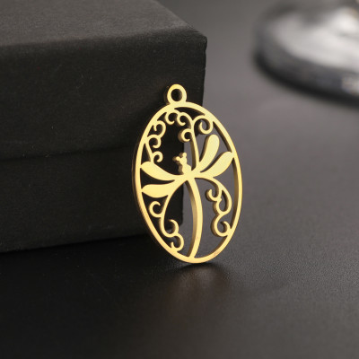 Pendant oval with dragonfly surgical steel two colour variants