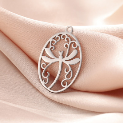 Pendant oval with dragonfly surgical steel two colour variants