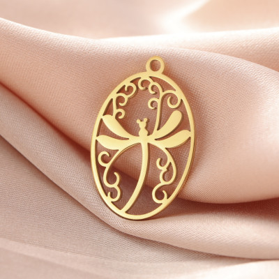 Pendant oval with dragonfly surgical steel two colour variants