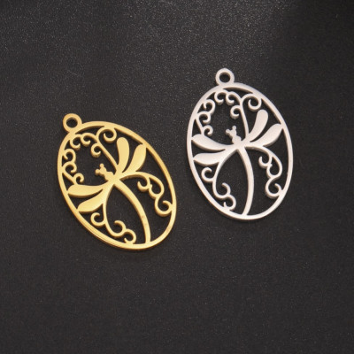 Pendant oval with dragonfly surgical steel two colour variants