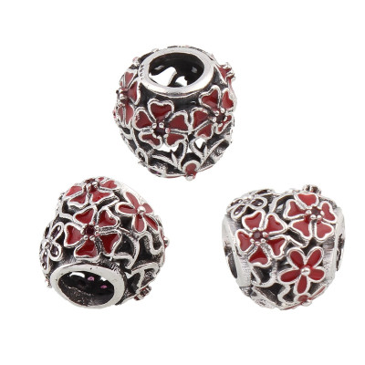 Bead smooth AG 925 heart with red enamel and Fuchsia zircons