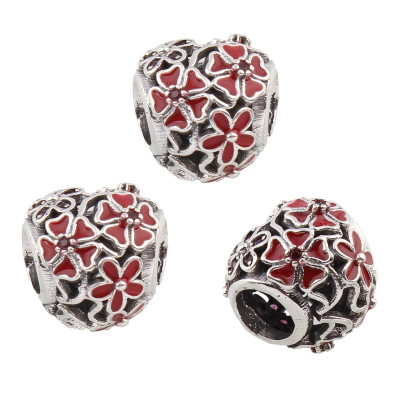 Bead smooth AG 925 heart with red enamel and Fuchsia zircons