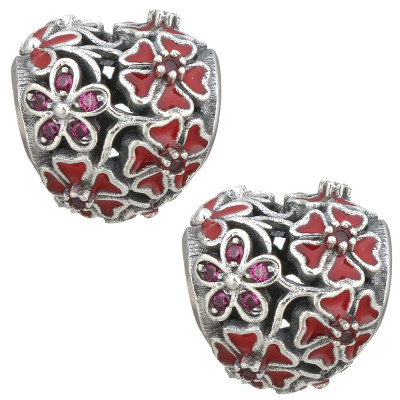 Bead smooth AG 925 heart with red enamel and Fuchsia zircons