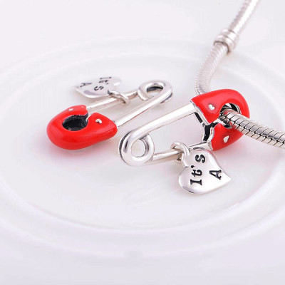 Bead AG 925 safety pin, red enamel