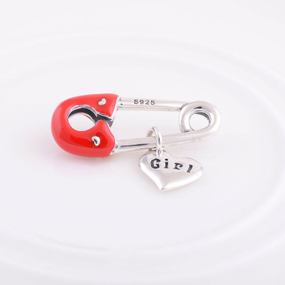 Bead AG 925 safety pin, red enamel
