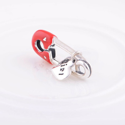 Bead AG 925 safety pin, red enamel