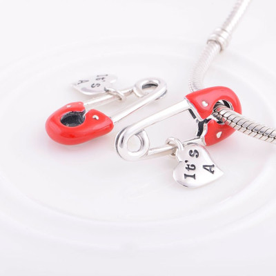Bead AG 925 safety pin, red enamel