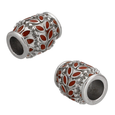 Bead with leafs of red enamel of surgical steel