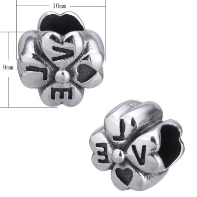 Surgical steel four-leaf bead with inscription Love