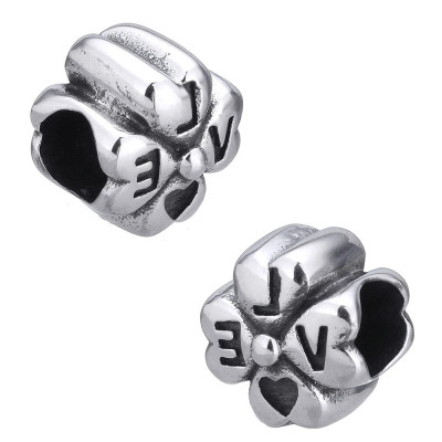 Surgical steel four-leaf bead with inscription Love