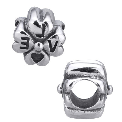Surgical steel four-leaf bead with inscription Love