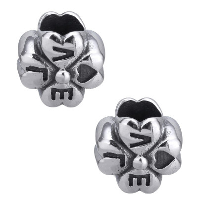 Surgical steel four-leaf bead with inscription Love