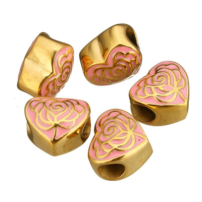Heart bead in gold plating and pink surgical steel enamel