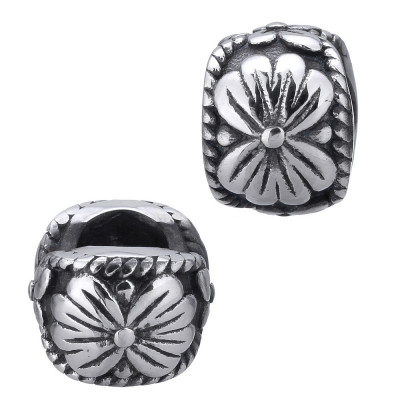 Bead with flower ornament in antique silver patina of surgical steel